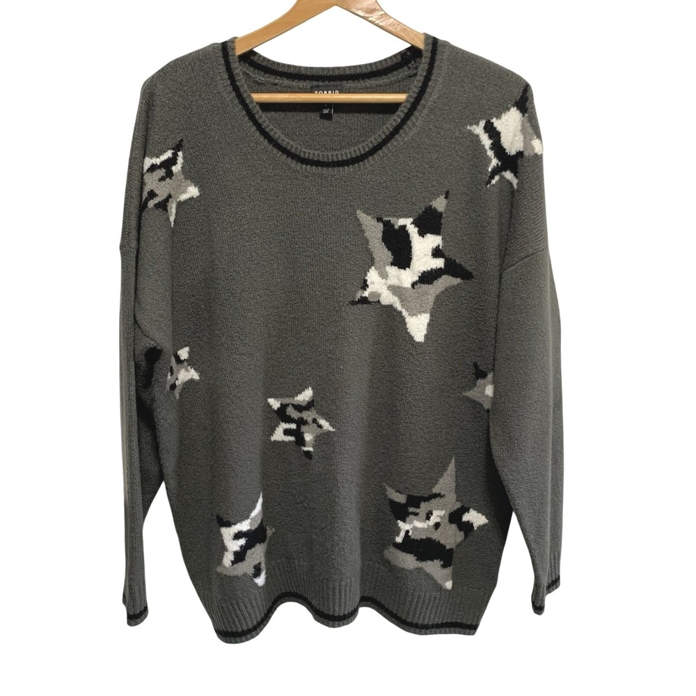 Torrid Star Intarsia Crew Neck Sweater Size 1 Grey Camo Graphic Knit 15951234